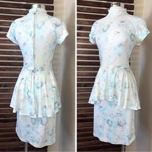 All That Jazz Vintage 1980s 80s White Pink Blue Gray High Neck Peplum Dress